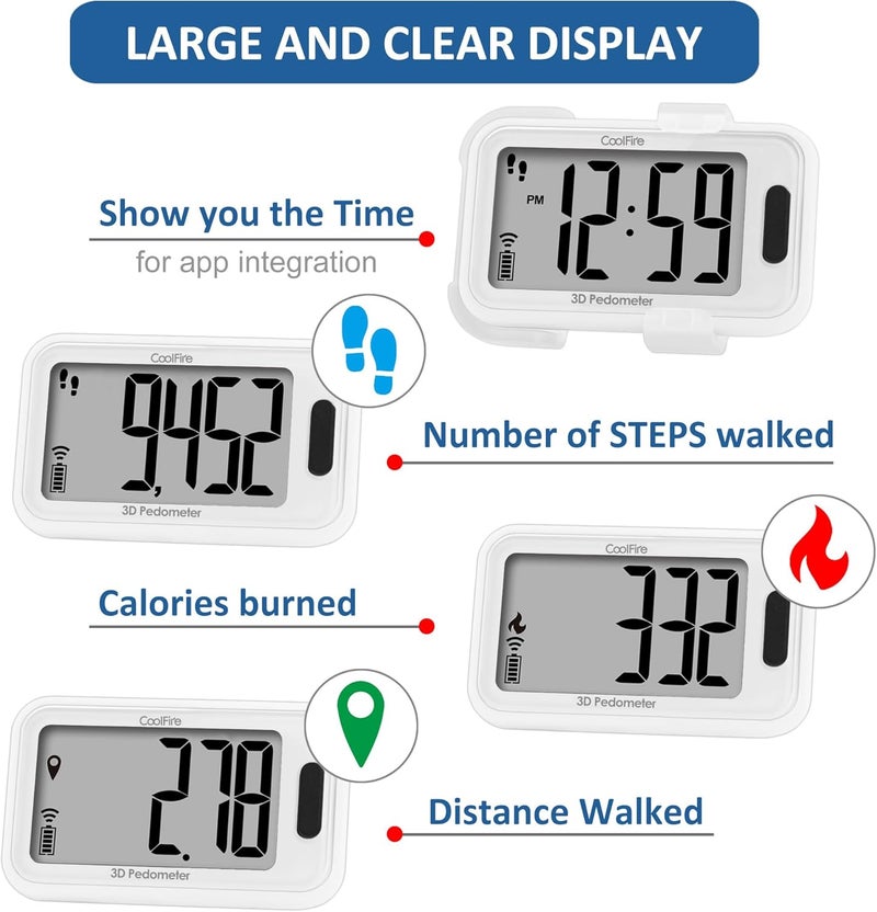 CoolFire - Pedometer, 2025 Indoor & Outdoor 3D Clip-On Pedometer, Accurate Step Counter for Walking Steps and Miles, Calories, Ankle Step Tracker for Fitness, Optional App - Image 3